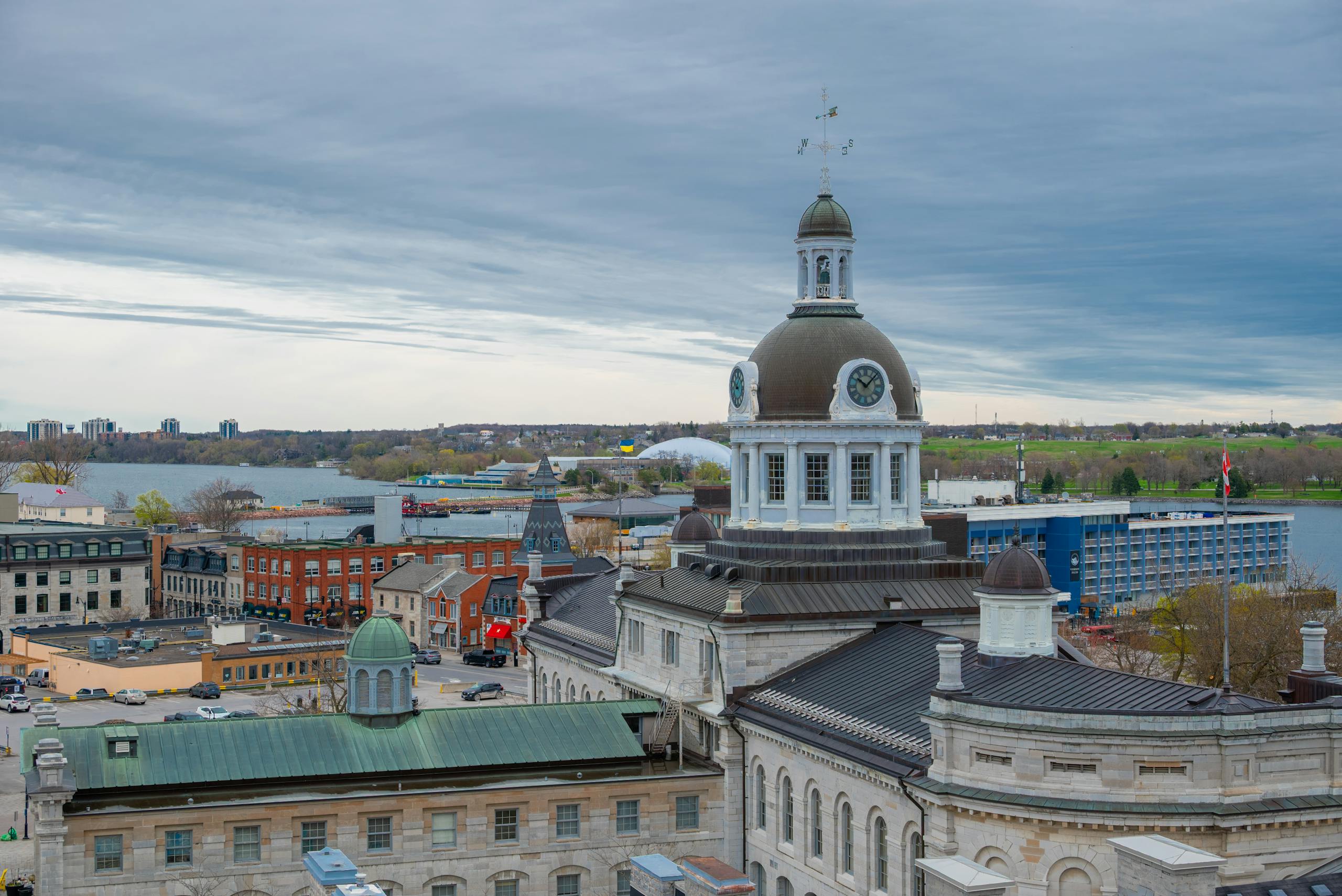 Scenic view of the historic Kingston City Hall and waterfront in Ontario, Canada.